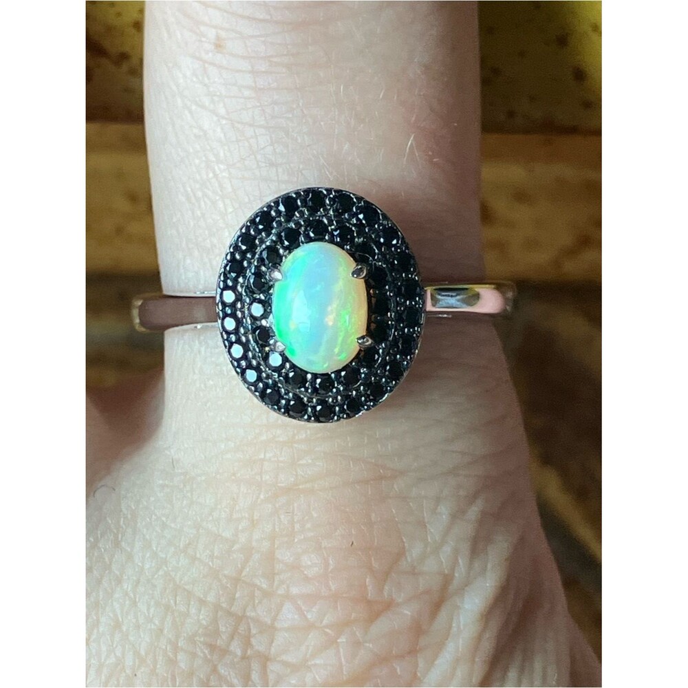 Natural Ethiopian Opal Black Spinel Sterling Silver Ring Size 10